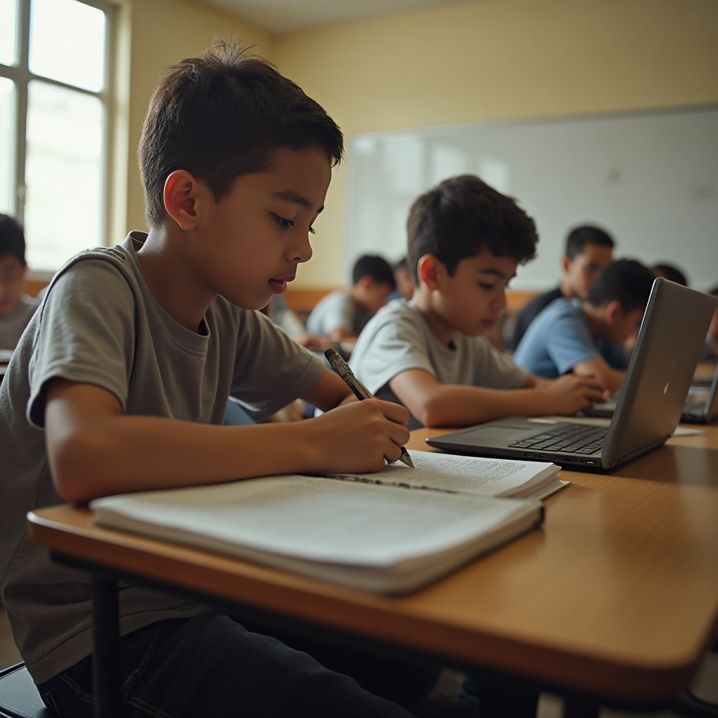 Ultra-realista, adolescentes árabes em uma escola informal sentados à mesa escrevendo redações em papéis e usando laptops, vestindo camisas t-shirt leves, ambiente descontraído de sala de aula, luz natural suave