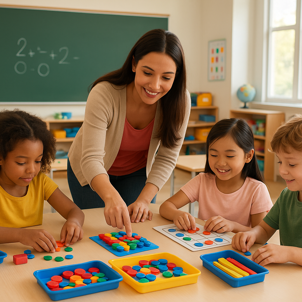 Modern elementary school classroom scene with young students engaging in hands-on mathematics activities, teacher guiding children with colorful manipulatives and problem-solving games, bright and welcoming educational environment, diverse group of happy children working collaboratively on math problems, natural lighting, positive and encouraging atmosphere, no text