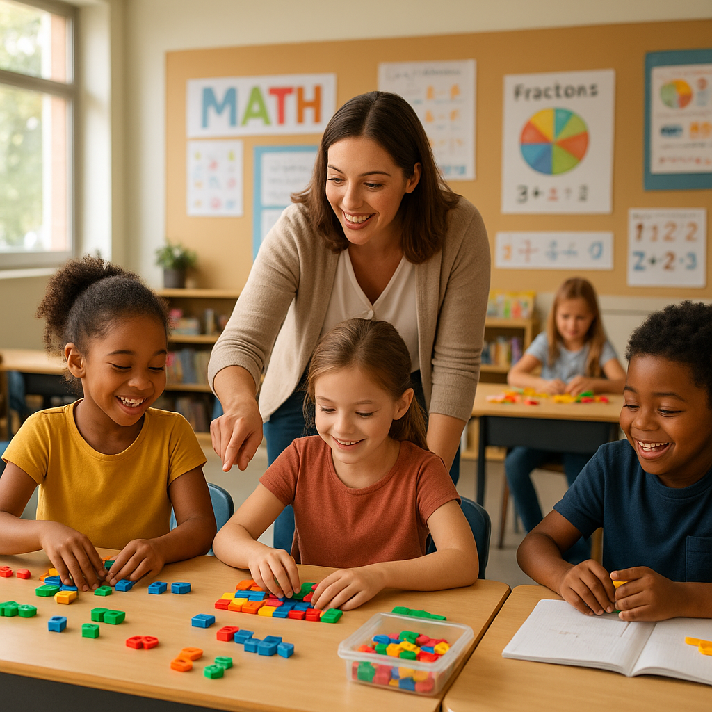 A warm and inviting elementary school classroom scene with young children engaged in hands-on math activities, colorful manipulatives on tables, an enthusiastic teacher guiding students, math concepts displayed on walls with visual aids, bright natural lighting, modern educational environment, children showing joy and curiosity while learning, diverse group of students collaborating, positive and encouraging atmosphere, photorealistic style