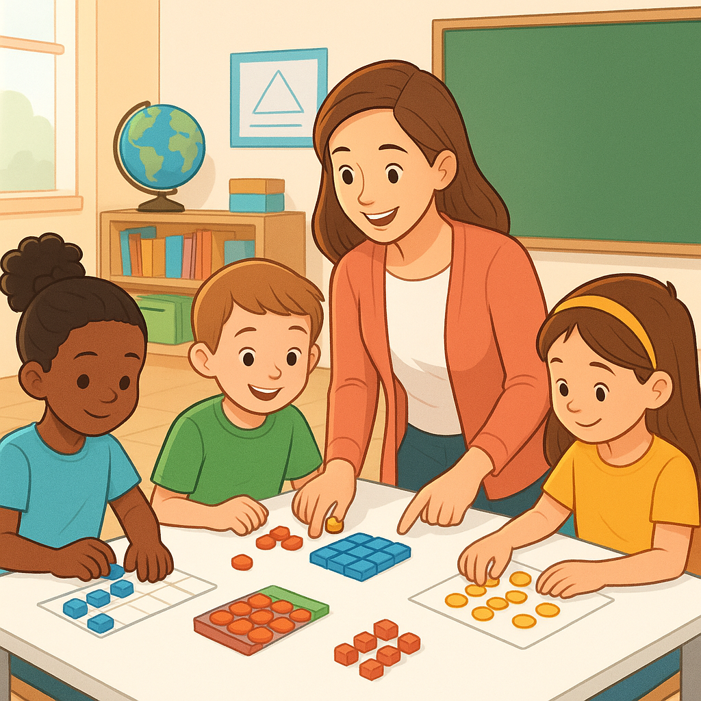 A bright and modern elementary school classroom scene showing children engaged in mathematics learning activities, counting colorful manipulatives like blocks or counters on a clean white table, with a warm and focused teacher guiding them, natural lighting, educational materials organized neatly in the background, positive and encouraging atmosphere, illustration style, no text in image
