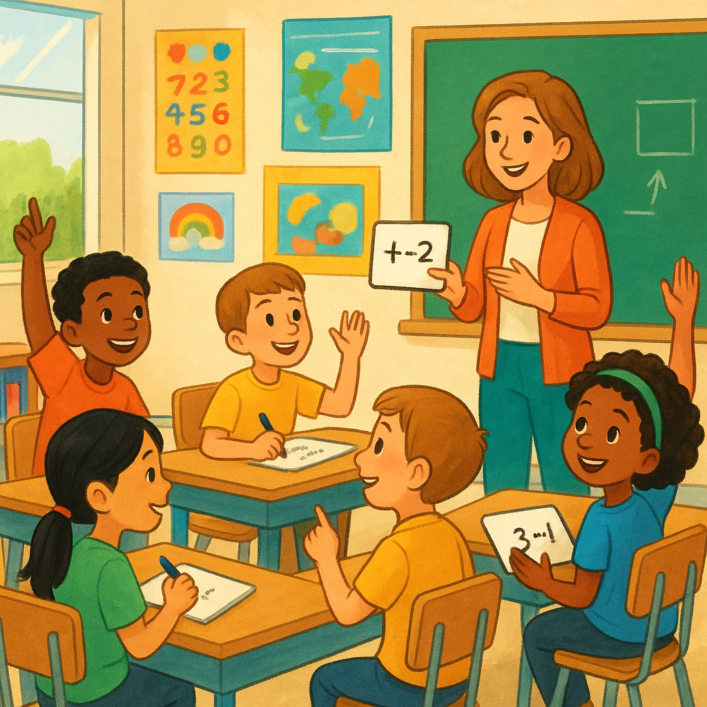Vibrant elementary school classroom scene with diverse students actively engaged in collaborative learning, teacher facilitating interactive lesson with small whiteboards, children raising hands enthusiastically, colorful educational posters on walls, natural lighting, positive and modern educational environment, warm and welcoming atmosphere, illustration style, no text