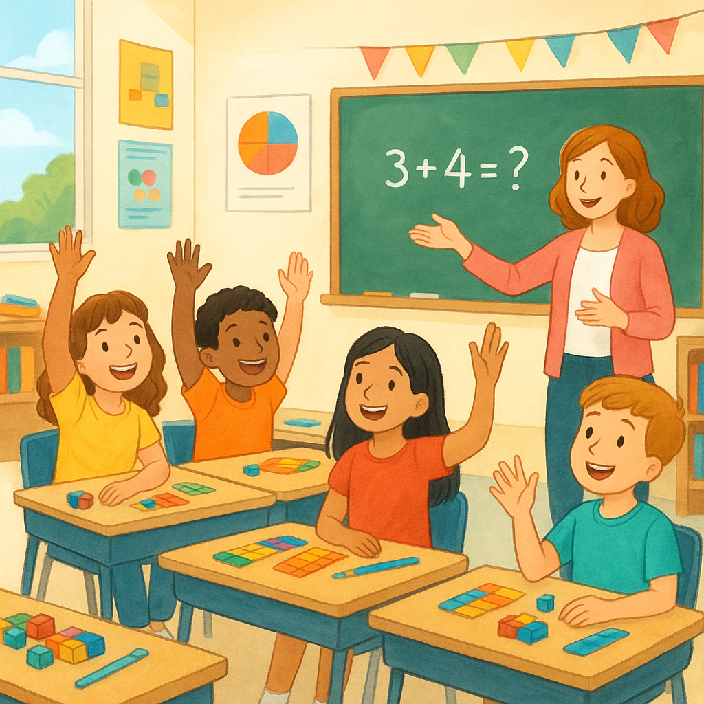 Modern elementary school classroom with engaged students raising hands, teacher facilitating discussion, colorful math materials on desks, children showing excitement and active participation, bright natural lighting, warm and welcoming educational environment, illustration style, positive atmosphere