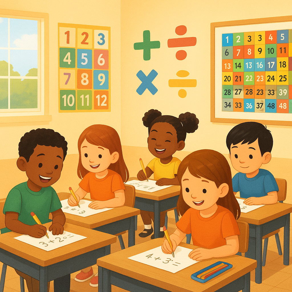 A bright and modern elementary school classroom scene showing diverse young children happily practicing math exercises at their desks, with colorful number charts and mathematical symbols on the walls, a smiling teacher observing encouragingly in the background, warm natural lighting, positive and engaging learning environment, educational illustration style, no text