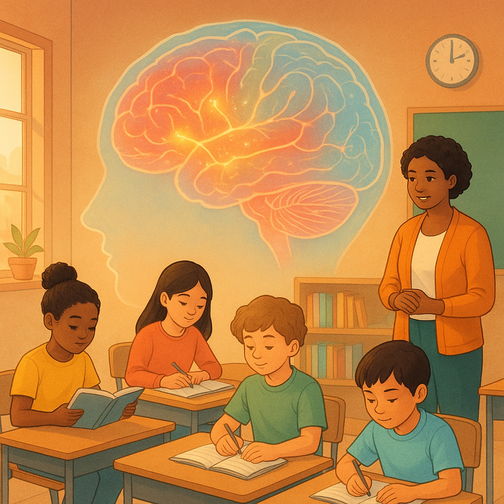A warm and modern illustration of a school classroom with a diverse group of elementary students engaged in reading and writing activities, with a caring teacher observing. In the background, a subtle translucent overlay of a colorful brain with highlighted neural pathways glowing softly, connecting visual and language areas. The scene conveys innovation, learning, and neuroscience in education. Bright, positive colors with natural lighting. No text in image.