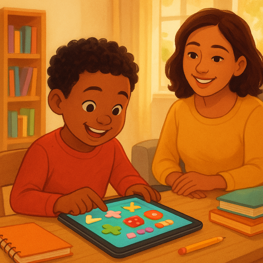 Warm illustration of a happy elementary school child using a tablet at home with colorful math games on screen, parent sitting nearby smiling encouragingly, cozy home environment with books and educational materials, bright natural lighting, modern and positive atmosphere, diverse family, no text