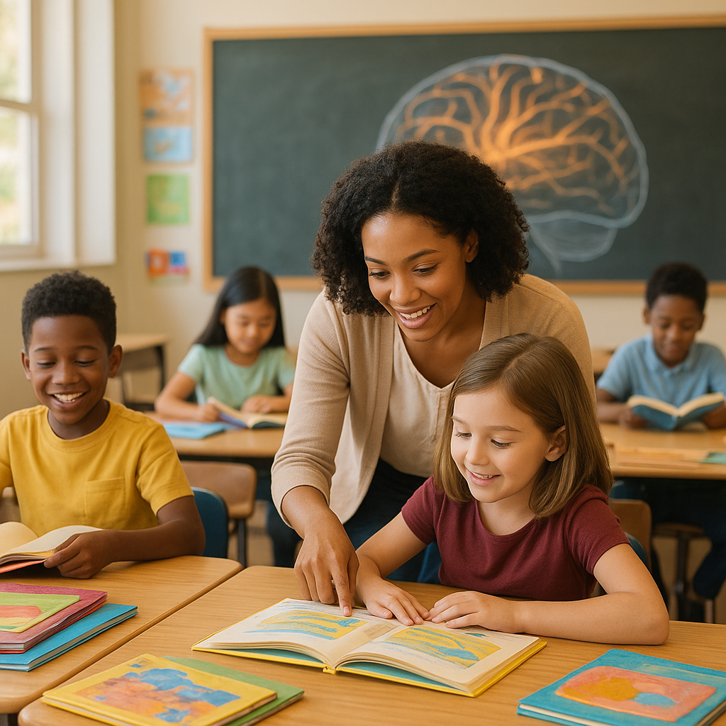Elementary school classroom with diverse children engaged in reading activities, teacher guiding students with patience, colorful books spread on tables, illustrated brain with highlighted neural pathways in background, warm natural lighting, positive learning atmosphere, modern educational setting, children showing curiosity and joy, professional educational photography style