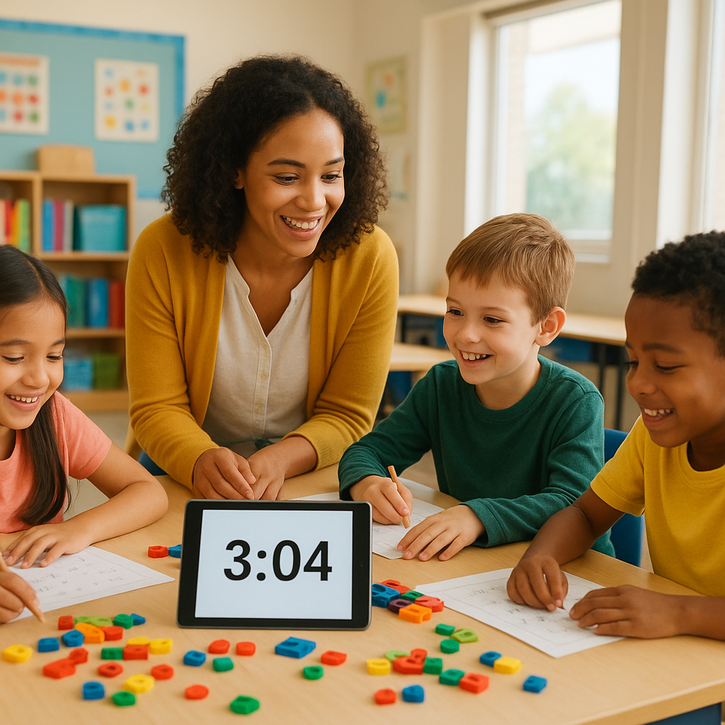 A bright and modern classroom scene showing diverse elementary school children happily engaged in short math exercises, with a smiling teacher guiding them. Digital timer showing 3-4 minutes on a tablet. Warm, inviting atmosphere with colorful math materials and positive student expressions. Photorealistic, educational setting, natural lighting, children aged 6-10 years old.