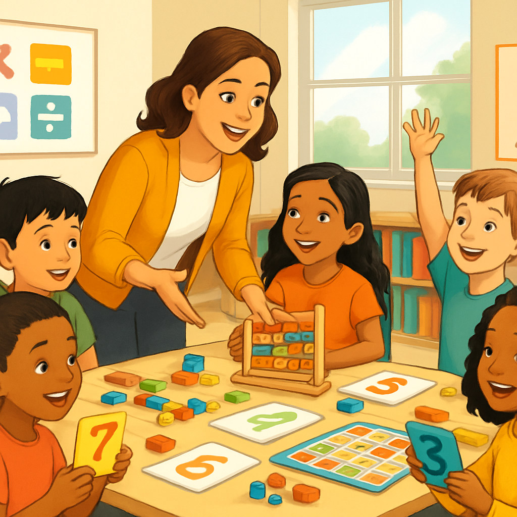 Illustration of a bright, modern classroom with diverse elementary school children engaged in an active, playful math lesson. Teacher enthusiastically guiding students through hands-on mathematical activities with colorful manipulatives, number cards, and interactive games. Children smiling, participating, raising hands, showing joy while learning mathematics. Warm, inviting educational environment with natural lighting, positive atmosphere, contemporary school setting. No text overlay.