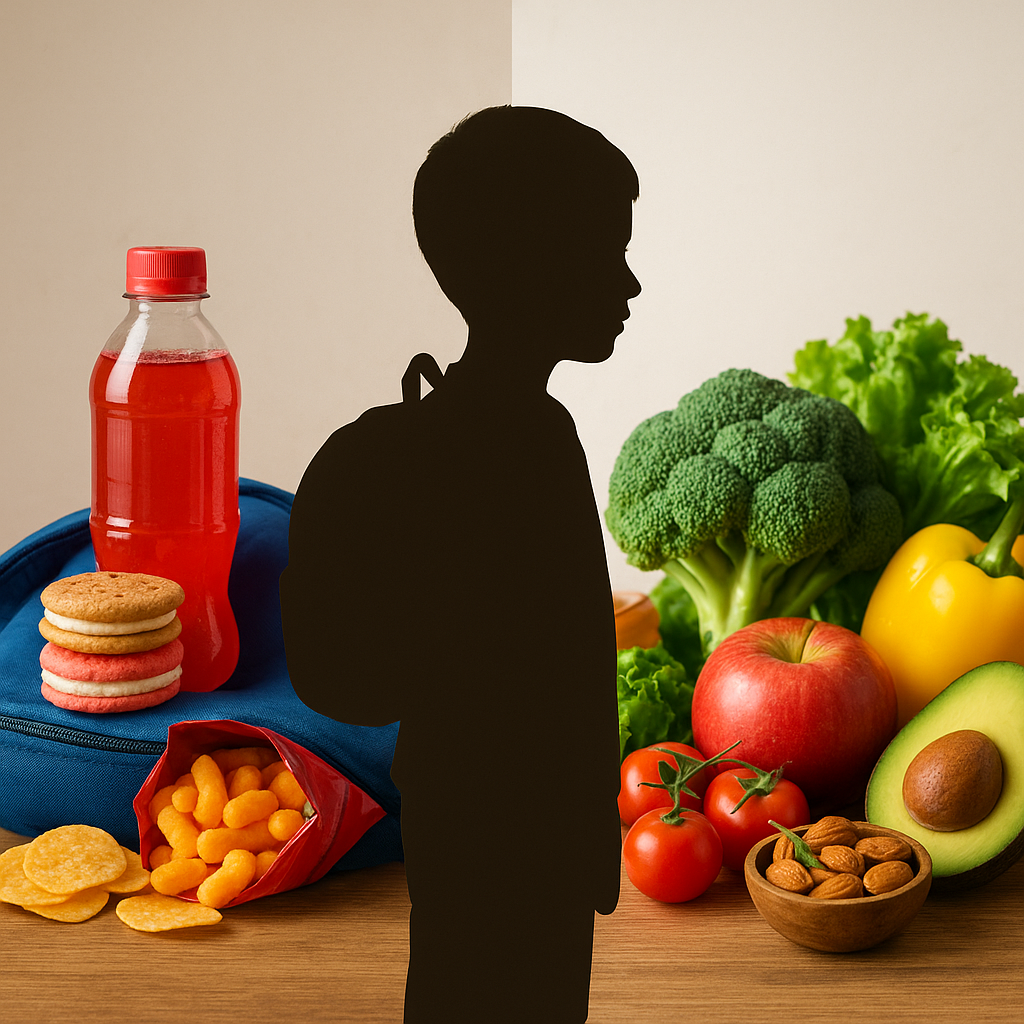 Imagem conceitual dividida em duas metades contrastantes: de um lado, alimentos ultraprocessados coloridos como refrigerantes, biscoitos recheados e salgadinhos empilhados sobre uma carteira escolar, com cores vibrantes mas artificiais; do outro lado, alimentos saudáveis como frutas frescas, vegetais coloridos e proteínas naturais organizados de forma atraente, com iluminação natural e cores vivas. Ao centro, uma silhueta de criança em idade escolar conectando os dois lados. Estilo fotográfico profissional, iluminação natural, foco nítido, composição equilibrada, transmitindo a importância da escolha alimentar no ambiente escolar.