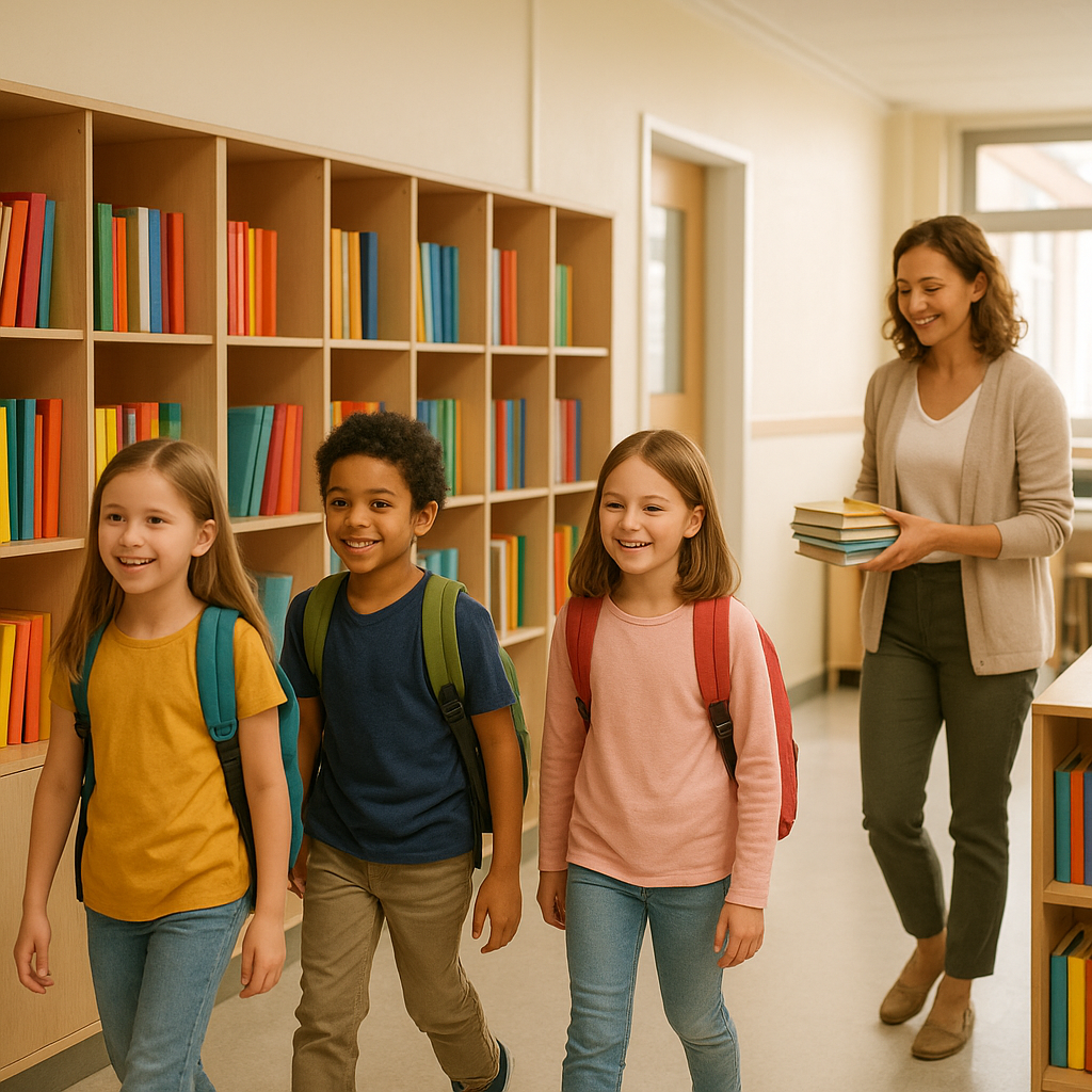 A warm and modern school classroom scene showing organized storage lockers or cubbies with colorful textbooks neatly arranged inside, happy elementary students with light backpacks walking through a bright corridor, a friendly female teacher organizing books on shelves, natural lighting, positive and organized atmosphere, contemporary educational environment, focus on student wellbeing and school organization, no text