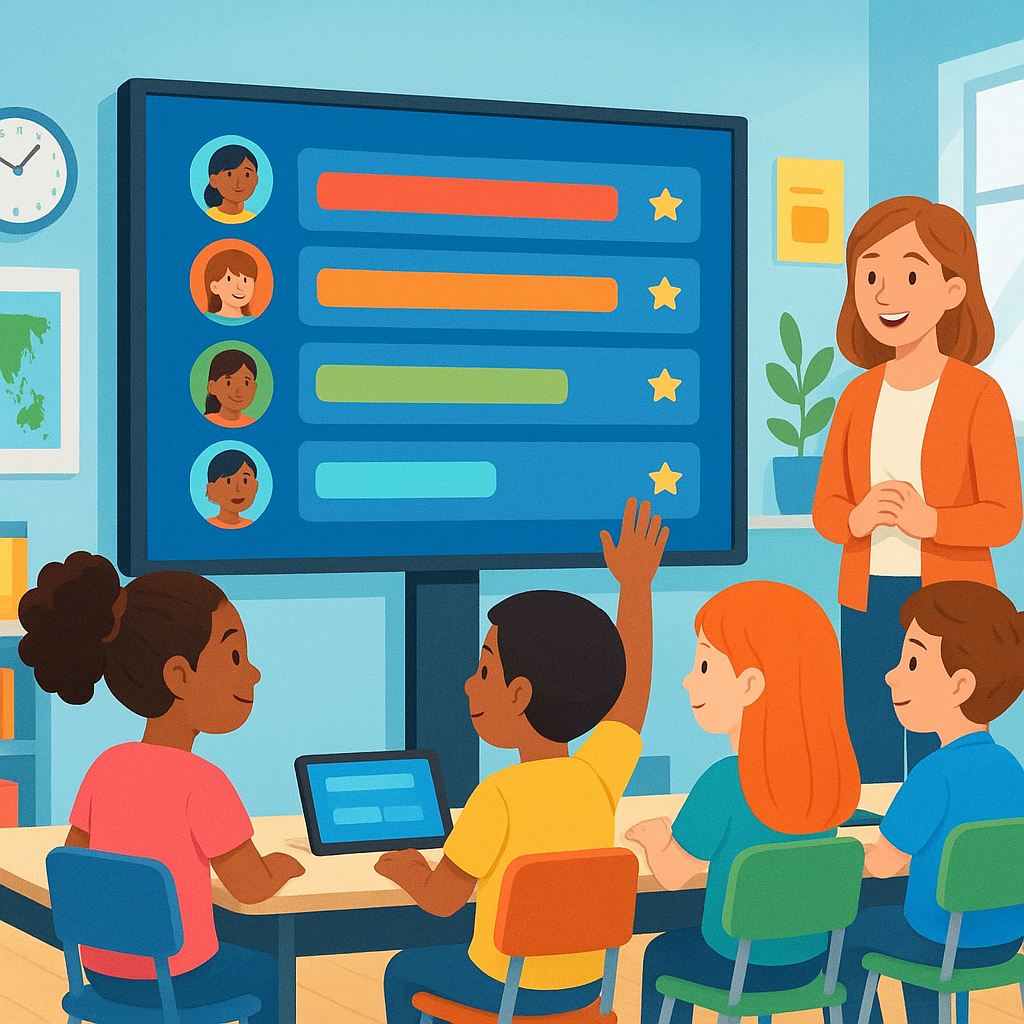 Modern classroom scene with diverse students looking at a digital leaderboard display showing learning progress and rankings, bright and motivating atmosphere, teacher smiling encouragingly in background, colorful educational technology, positive and engaging school environment, illustration style, no text