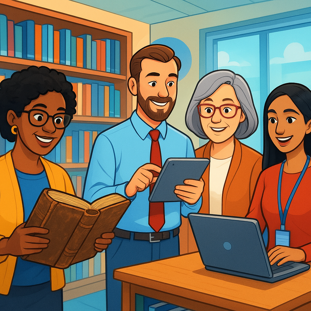 A vibrant illustration of diverse teachers in a modern school library, some holding old dusty books while others use digital tablets and laptops, representing the contrast between traditional and modern educational methods. Bright, welcoming colors, professional cartoon style, dynamic composition showing evolution and progress in education.