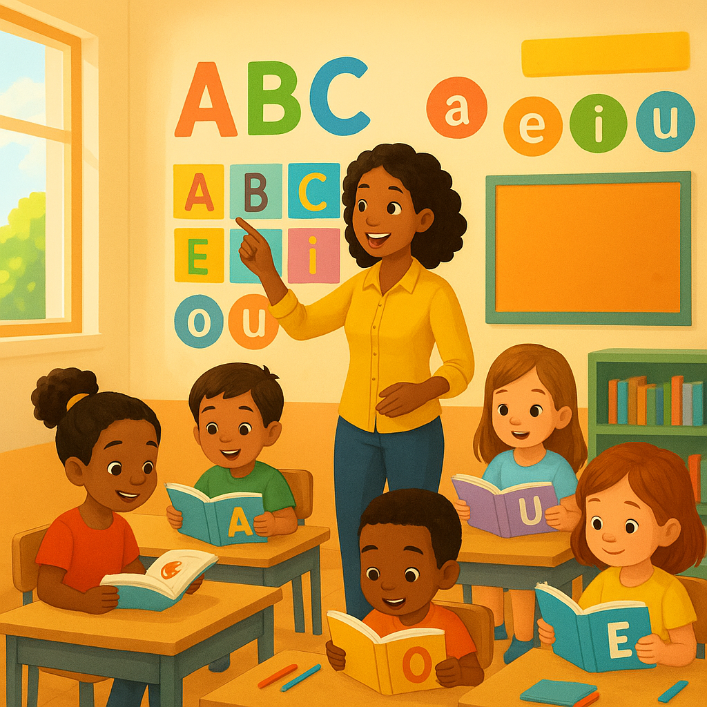Bright and modern Brazilian elementary school classroom scene, young children aged 5 learning phonics with an enthusiastic teacher, colorful alphabet letters and phonetic symbols on walls, students engaged in reading activities, warm natural lighting, positive educational atmosphere, diverse group of children, contemporary learning materials, vibrant and welcoming environment, digital illustration style, no text