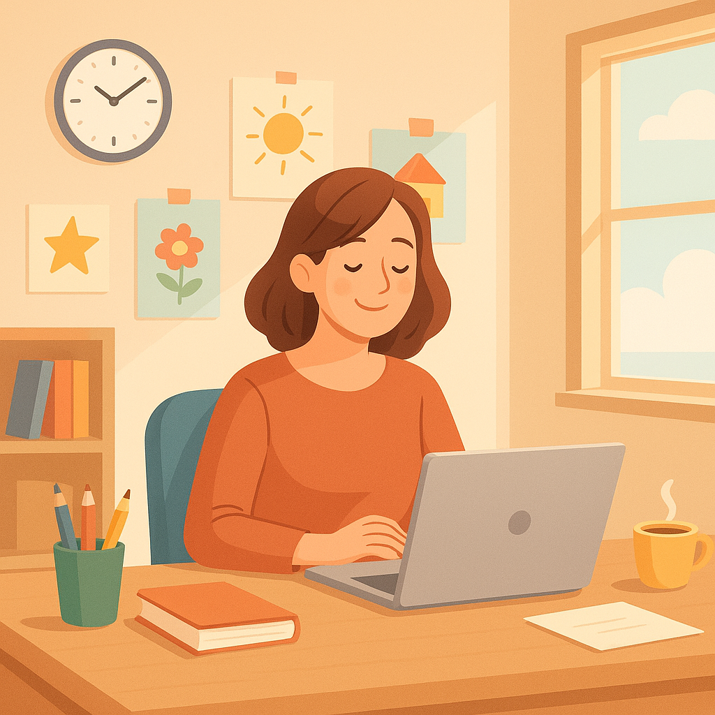 A warm and modern illustration of a cheerful elementary school teacher sitting at a clean desk with a laptop, surrounded by colorful educational materials and children's drawings on the wall. Soft natural lighting through a window, showing a relaxed and organized workspace. The teacher appears calm and satisfied, with a clock on the wall showing reasonable working hours. Modern, positive, optimistic atmosphere with pastel colors and a touch of technology integration in education.