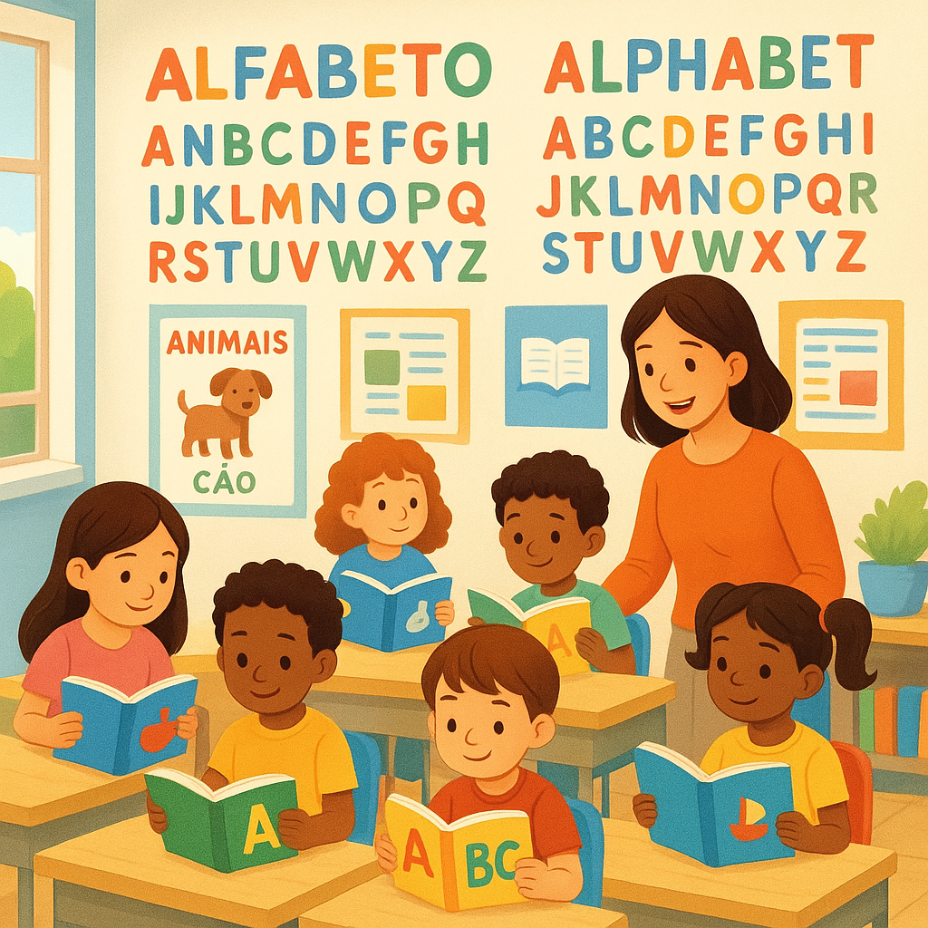 A bright and modern bilingual classroom scene with young elementary students engaged in literacy activities, showing diverse children reading books in both Portuguese and English, colorful alphabet letters on walls in both languages, a warm and encouraging teacher guiding students, natural lighting, educational posters, positive learning environment, vibrant colors, illustration style, no text overlay