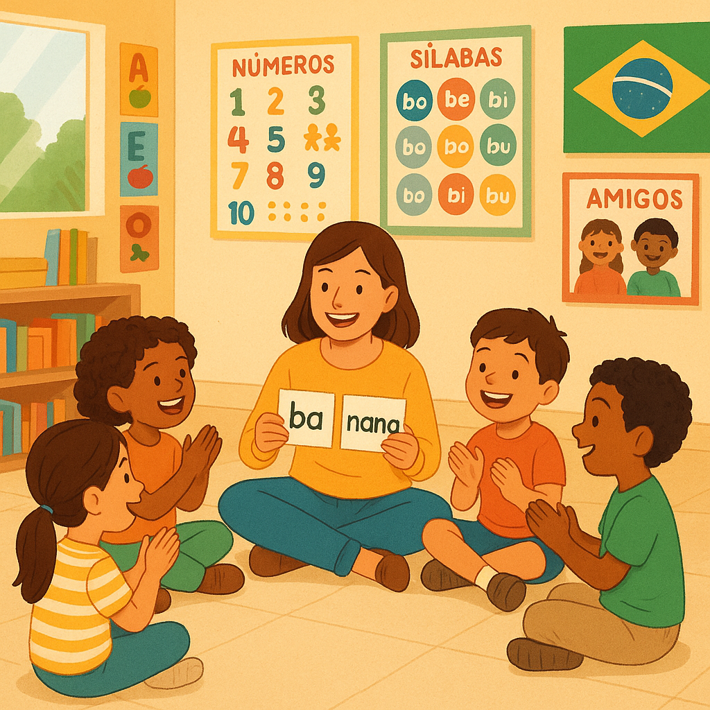 A warm and inviting Brazilian classroom scene with a female teacher sitting with young elementary students in a circle, engaging in a playful phonological awareness activity. Children are clapping hands and smiling while learning syllable separation. Colorful educational posters on walls, natural lighting, modern yet welcoming school environment, diverse group of children aged 6-8, teacher holding word cards, joyful learning atmosphere, illustration style, bright and positive colors.